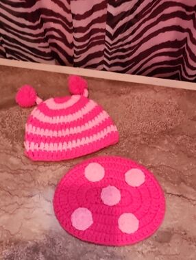 Pink Striped Pom Pom Beanie & Polka Dot Photo Prop Set